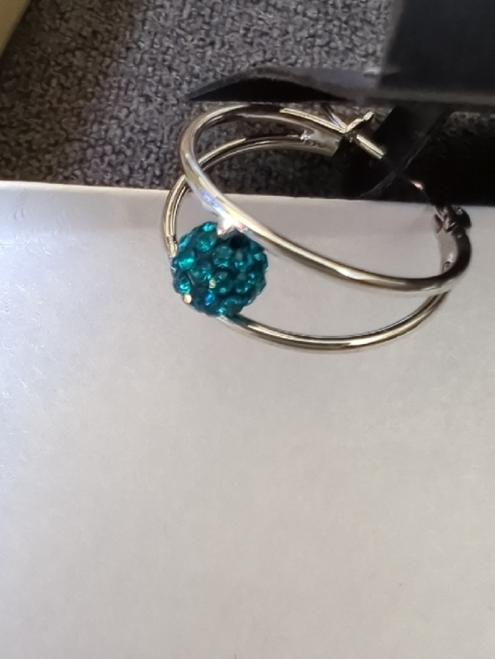 Fine Silver Plated Hoop Earrings with Teal Crystal Accent - Picture 3 of 5